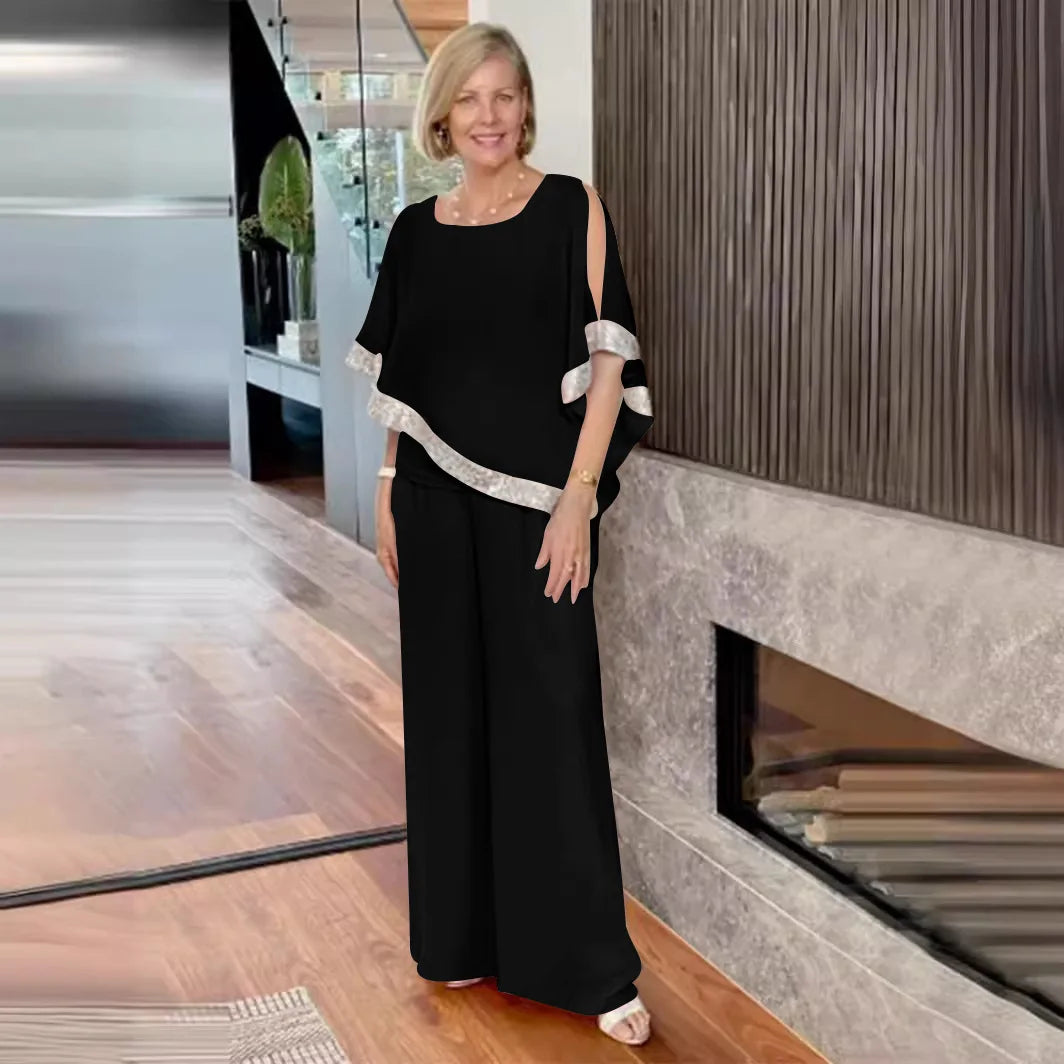 Conjunto de Dos Piezas Elegante con Top de Lentejuelas y Pantalones de Pierna Ancha