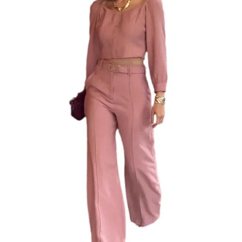 Elegant High Waist Pants Set with Long Sleeve Blouse