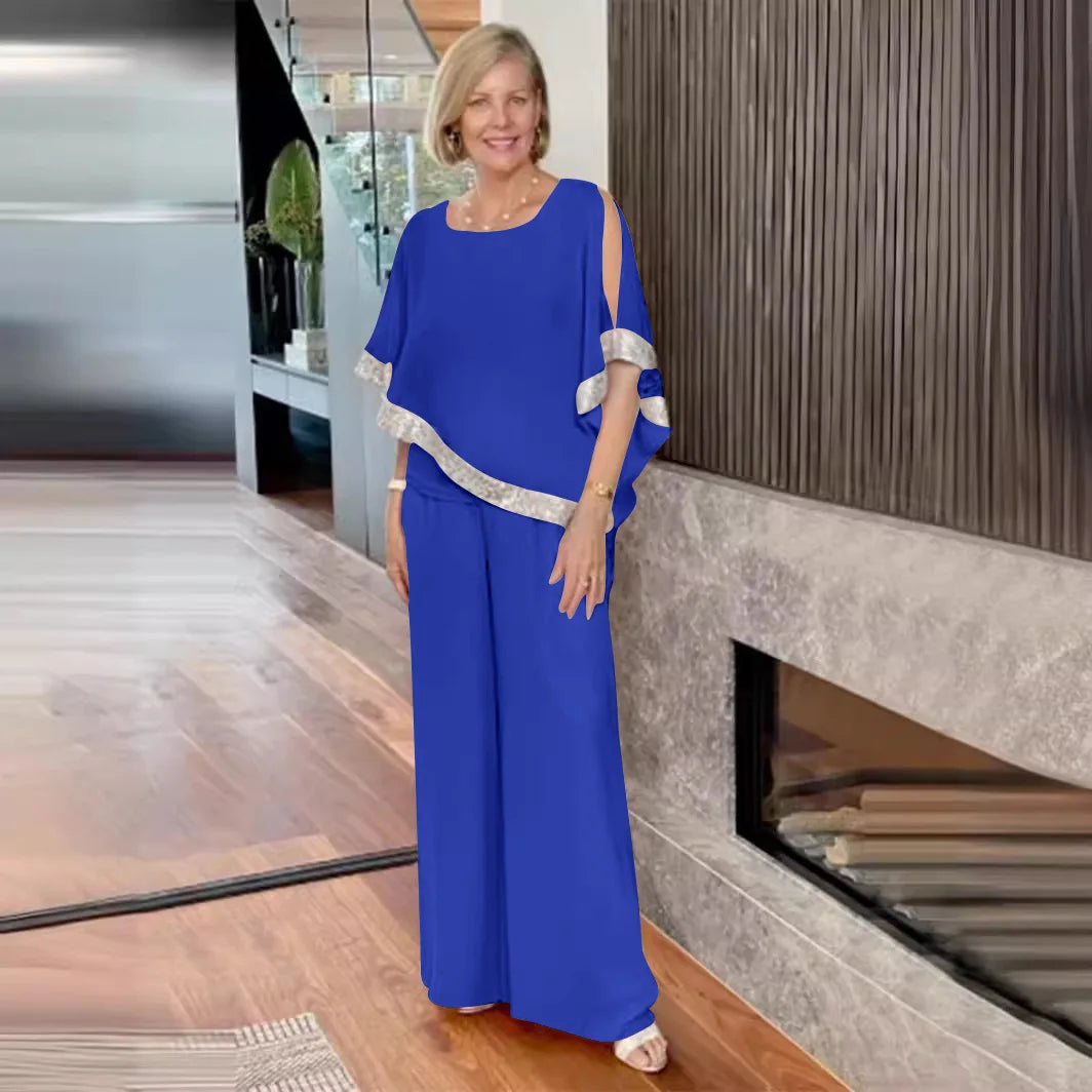 Conjunto de Dos Piezas Elegante con Top de Lentejuelas y Pantalones de Pierna Ancha