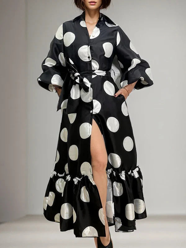 Long Polka Dot Dress with Puff Sleeves