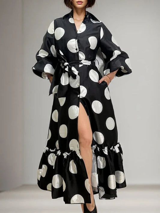Long Polka Dot Dress with Puff Sleeves