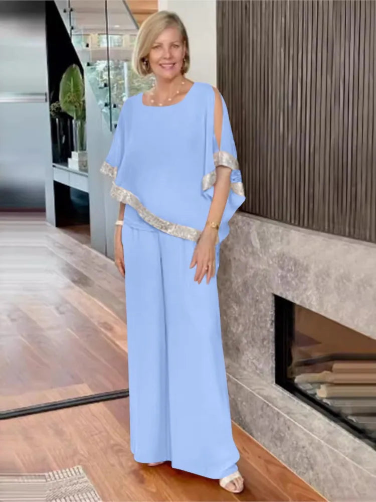 Conjunto de Dos Piezas Elegante con Top de Lentejuelas y Pantalones de Pierna Ancha
