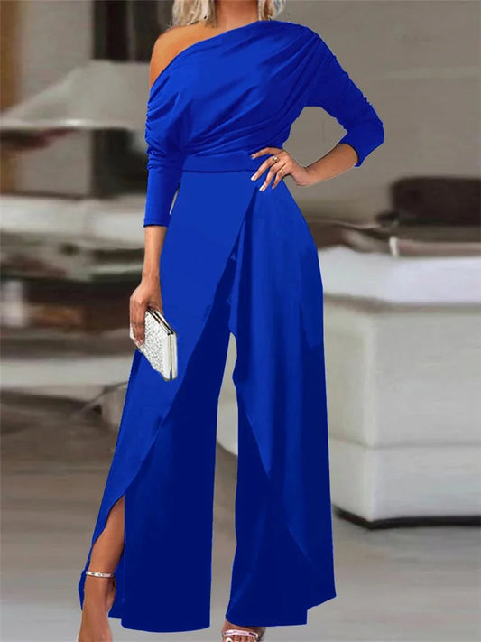 Elegant One Shoulder Blue Jumpsuit