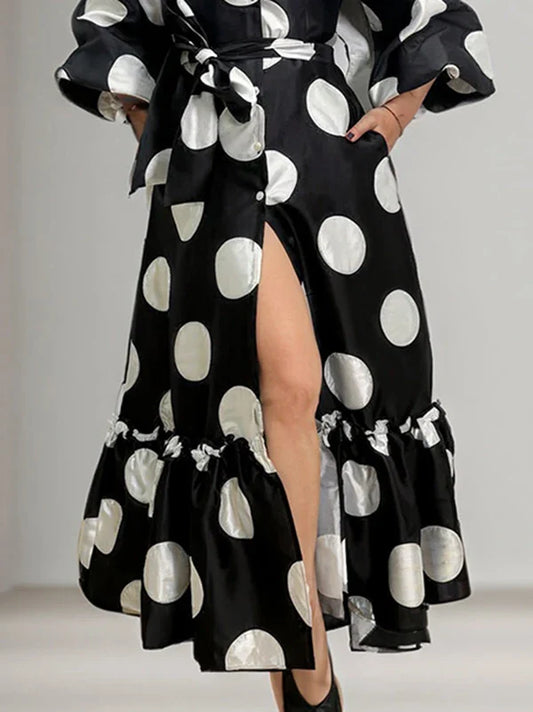 Long Polka Dot Dress with Puff Sleeves