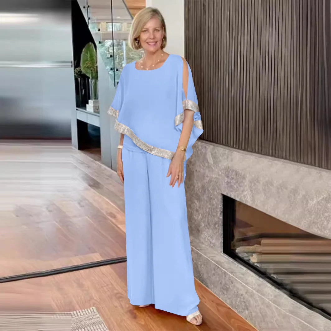Conjunto de Dos Piezas Elegante con Top de Lentejuelas y Pantalones de Pierna Ancha