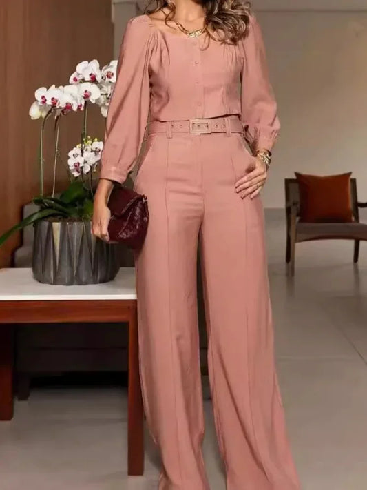 Elegant High Waist Pants Set with Long Sleeve Blouse