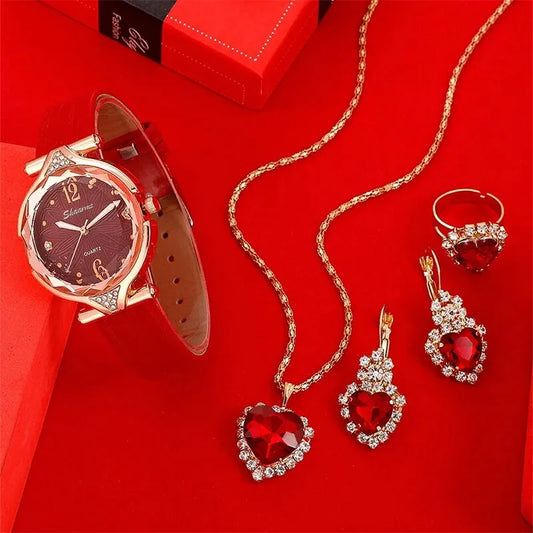 Reloj para Mujer con Correa de Cuero (5 Piezas)