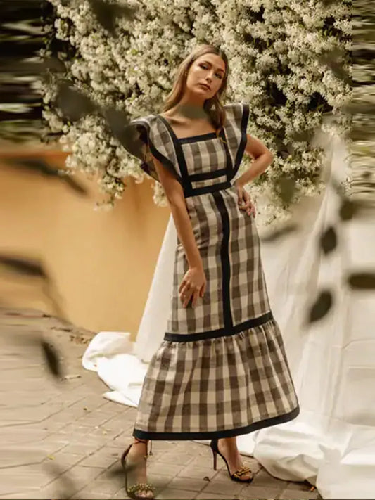 Vestido Vintage Largo de Patchwork con Cuello Cuadrado  para Mujer