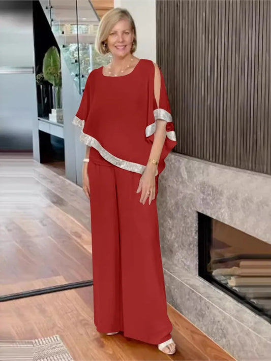 Conjunto de Dos Piezas Elegante con Top de Lentejuelas y Pantalones de Pierna Ancha