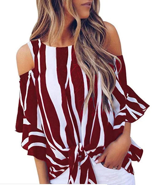 Blusa de Rayas Elegante con Hombros Descubiertos