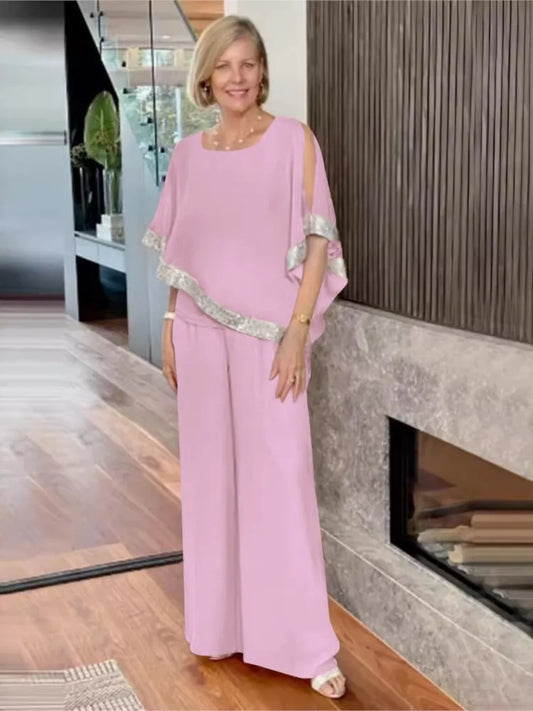 Conjunto de Dos Piezas Elegante con Top de Lentejuelas y Pantalones de Pierna Ancha