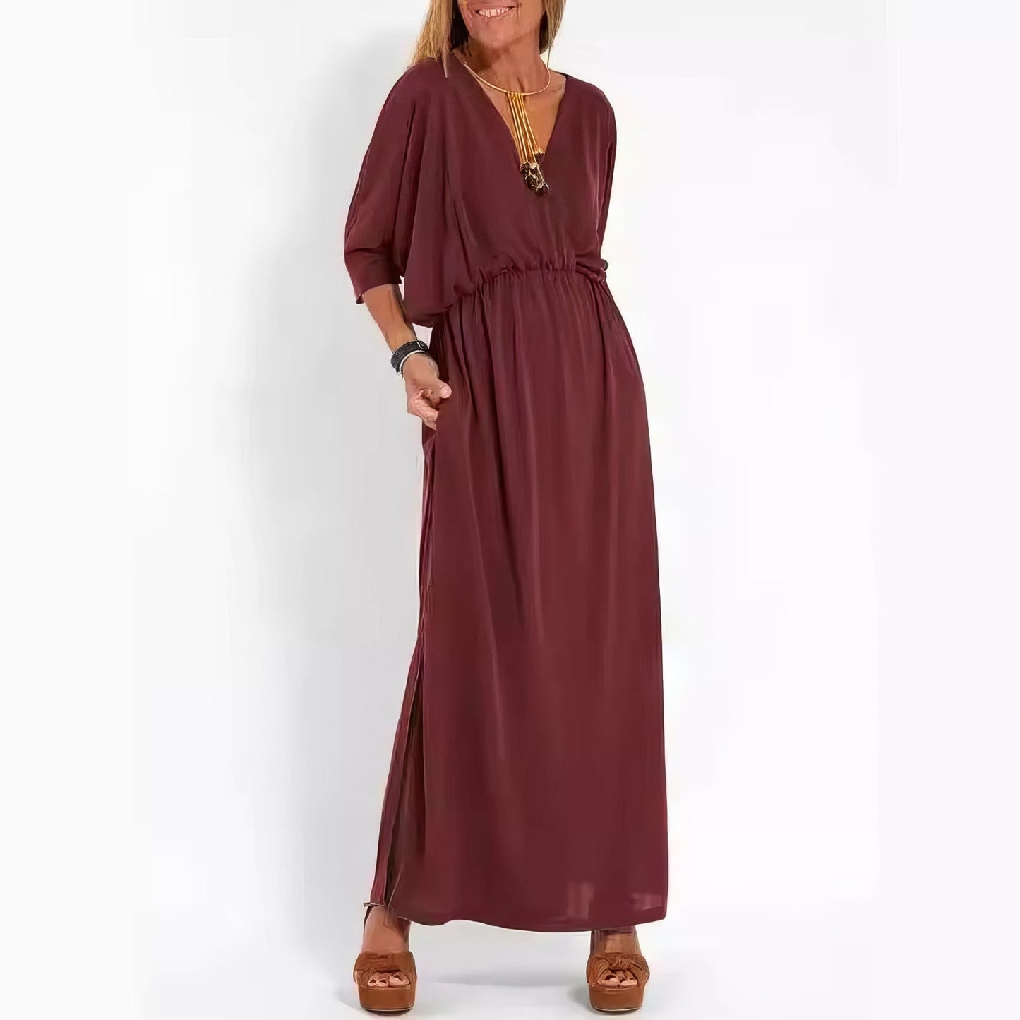 Women's Vintage Long Evening Dress with V-Neck and High Waist
