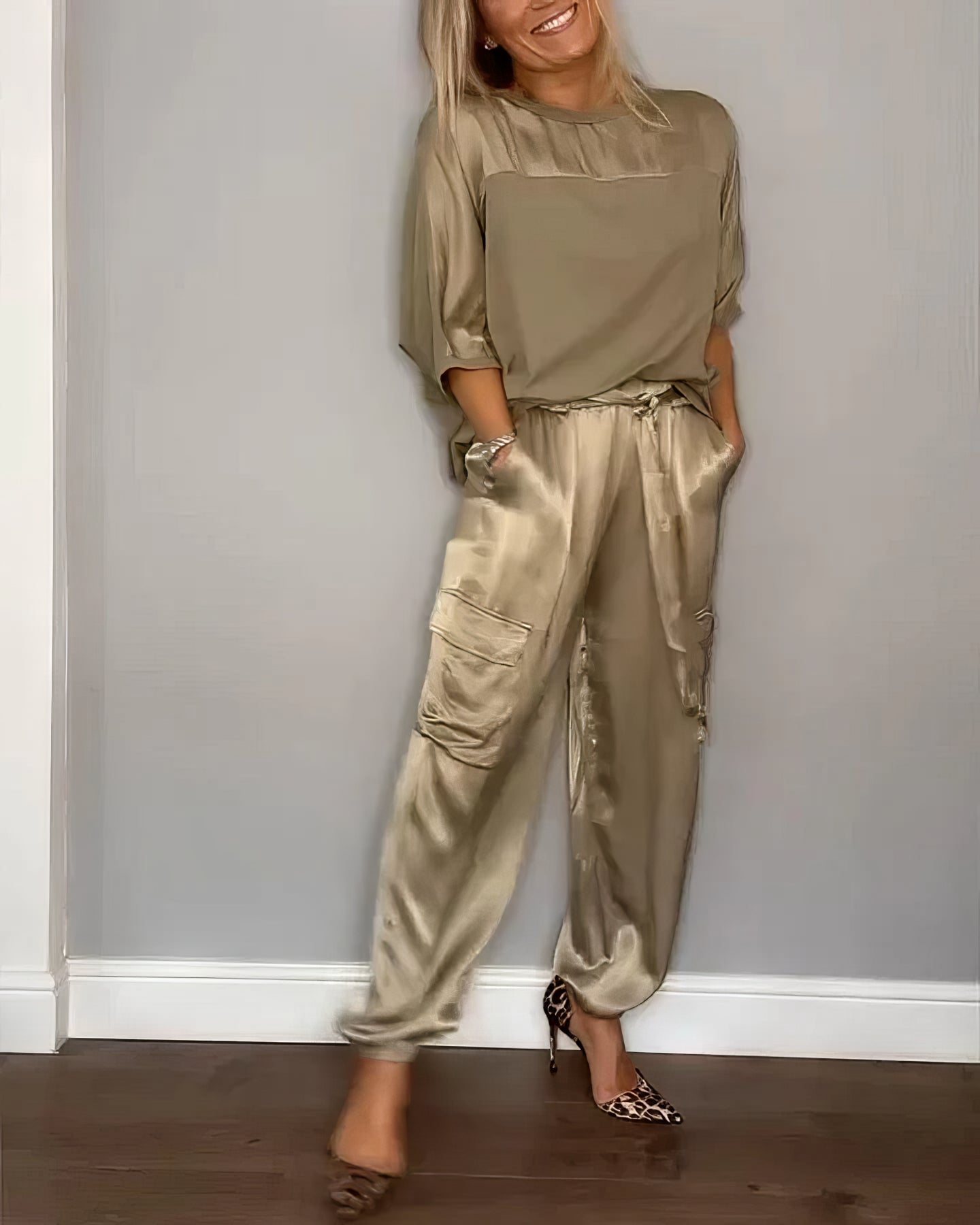 Elegant Satin Two-Piece Set with Blouse and Pants
