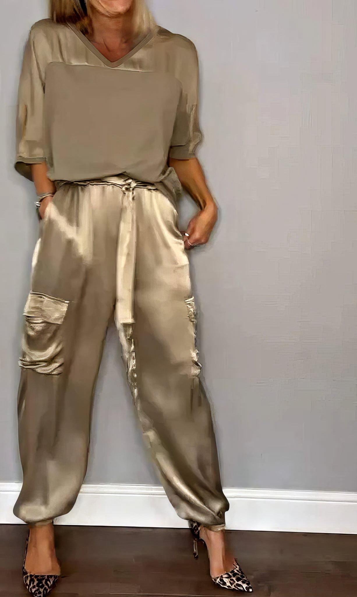 Elegant Satin Two-Piece Set with Blouse and Pants