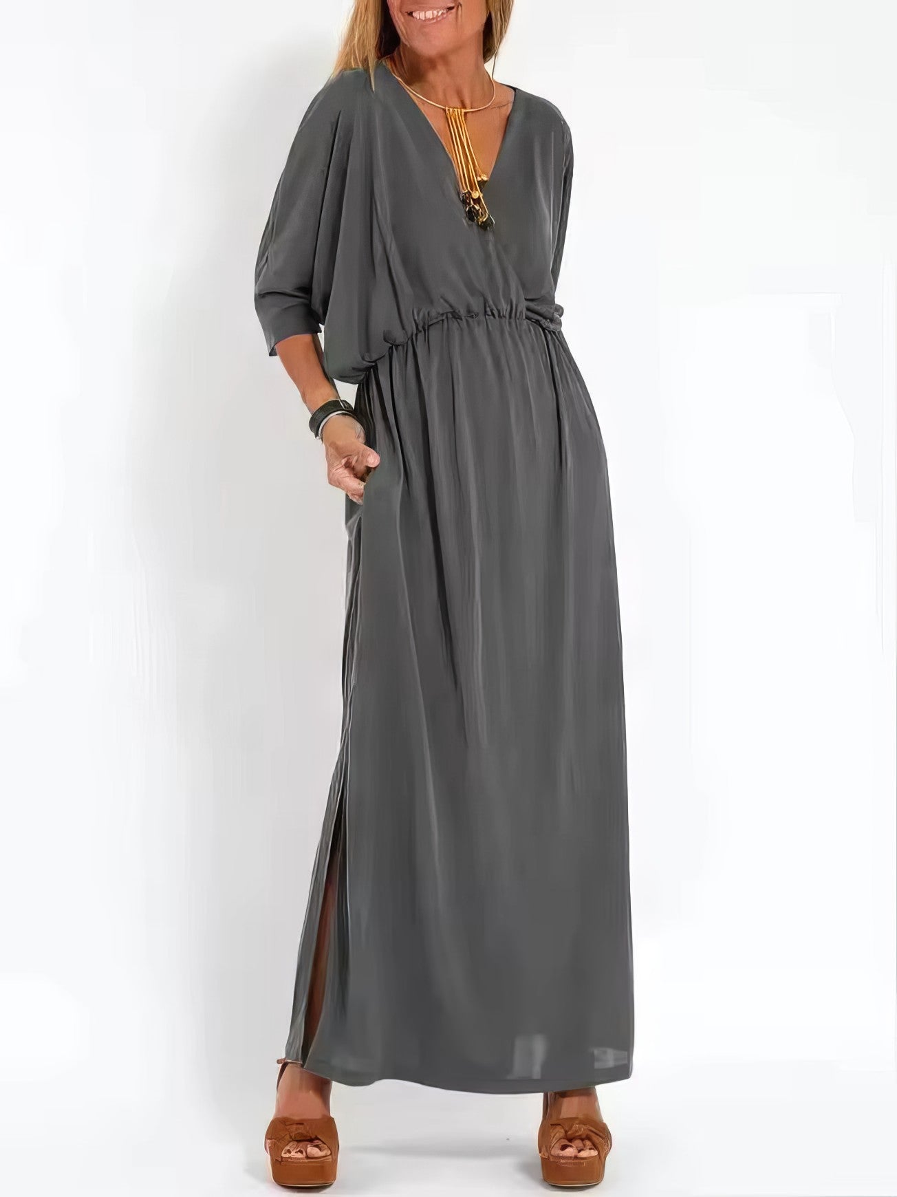 Women's Vintage Long Evening Dress with V-Neck and High Waist