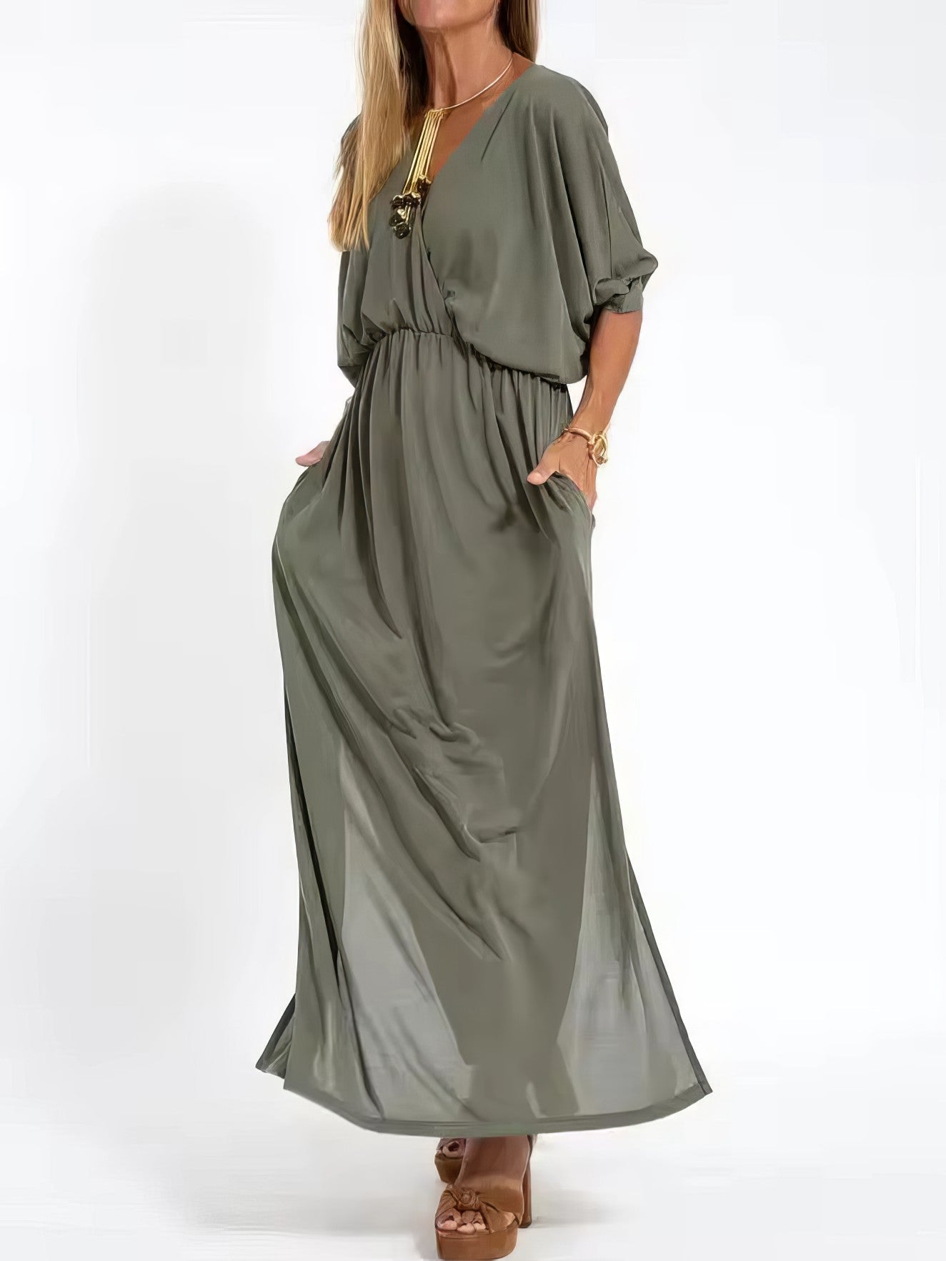 Women's Vintage Long Evening Dress with V-Neck and High Waist