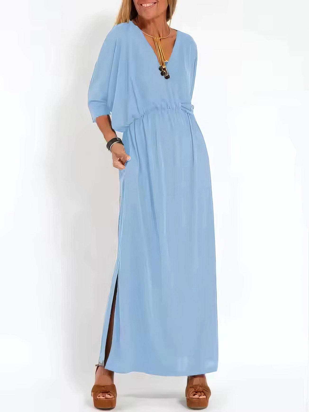 Women's Vintage Long Evening Dress with V-Neck and High Waist