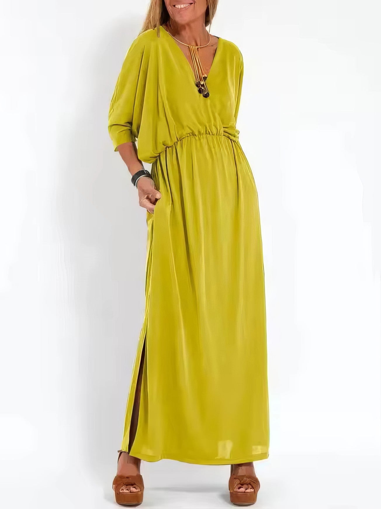Women's Vintage Long Evening Dress with V-Neck and High Waist