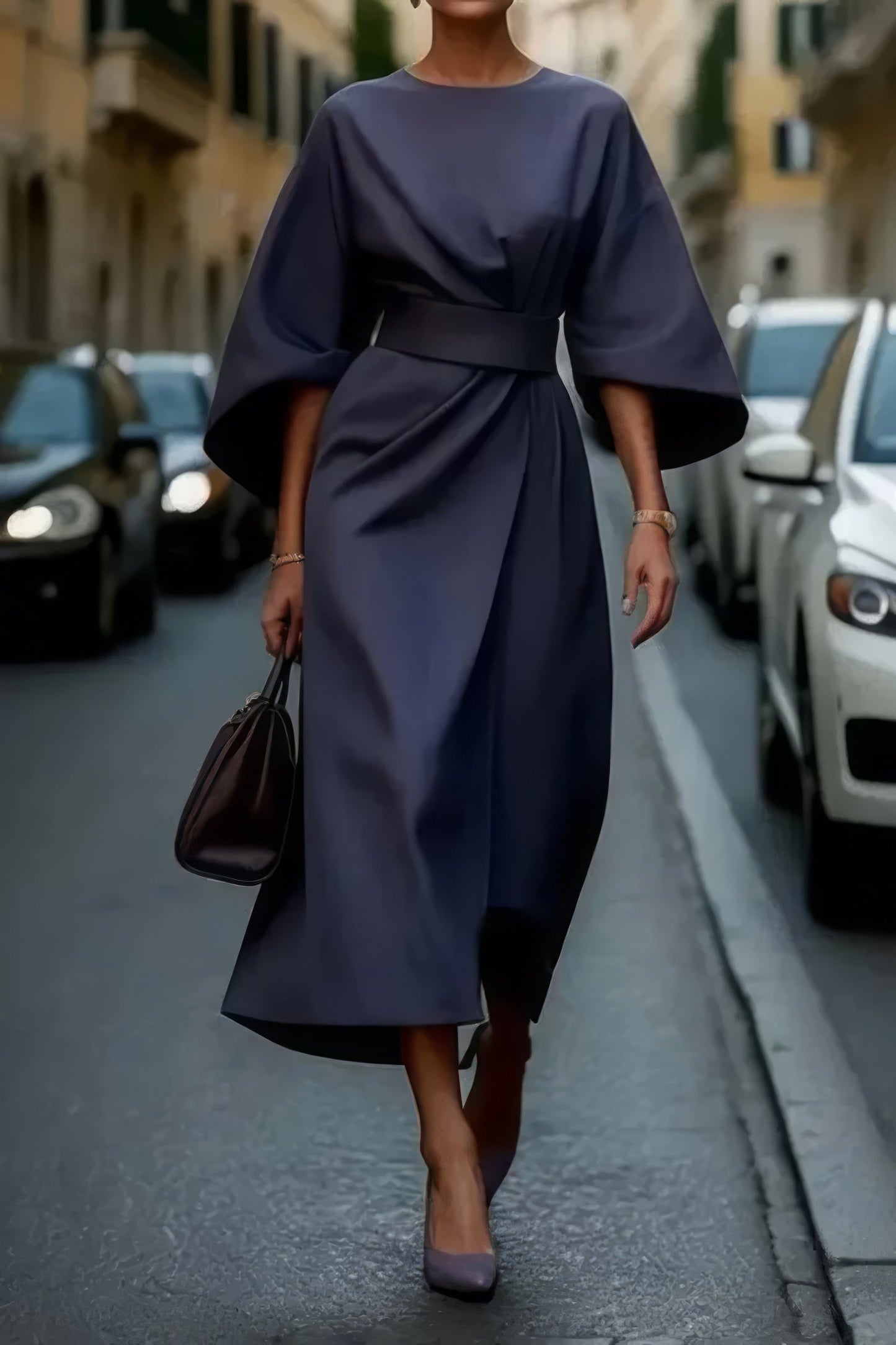 MARGARET - ELEGANTE VESTIDO CON MANGAS FAROL Y CINTURÓN