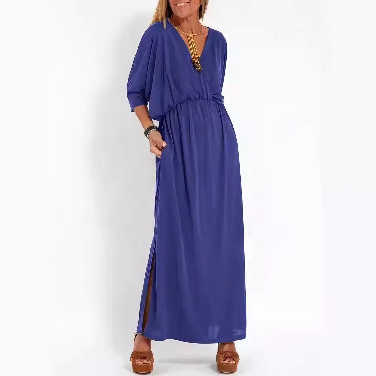 Women's Vintage Long Evening Dress with V-Neck and High Waist