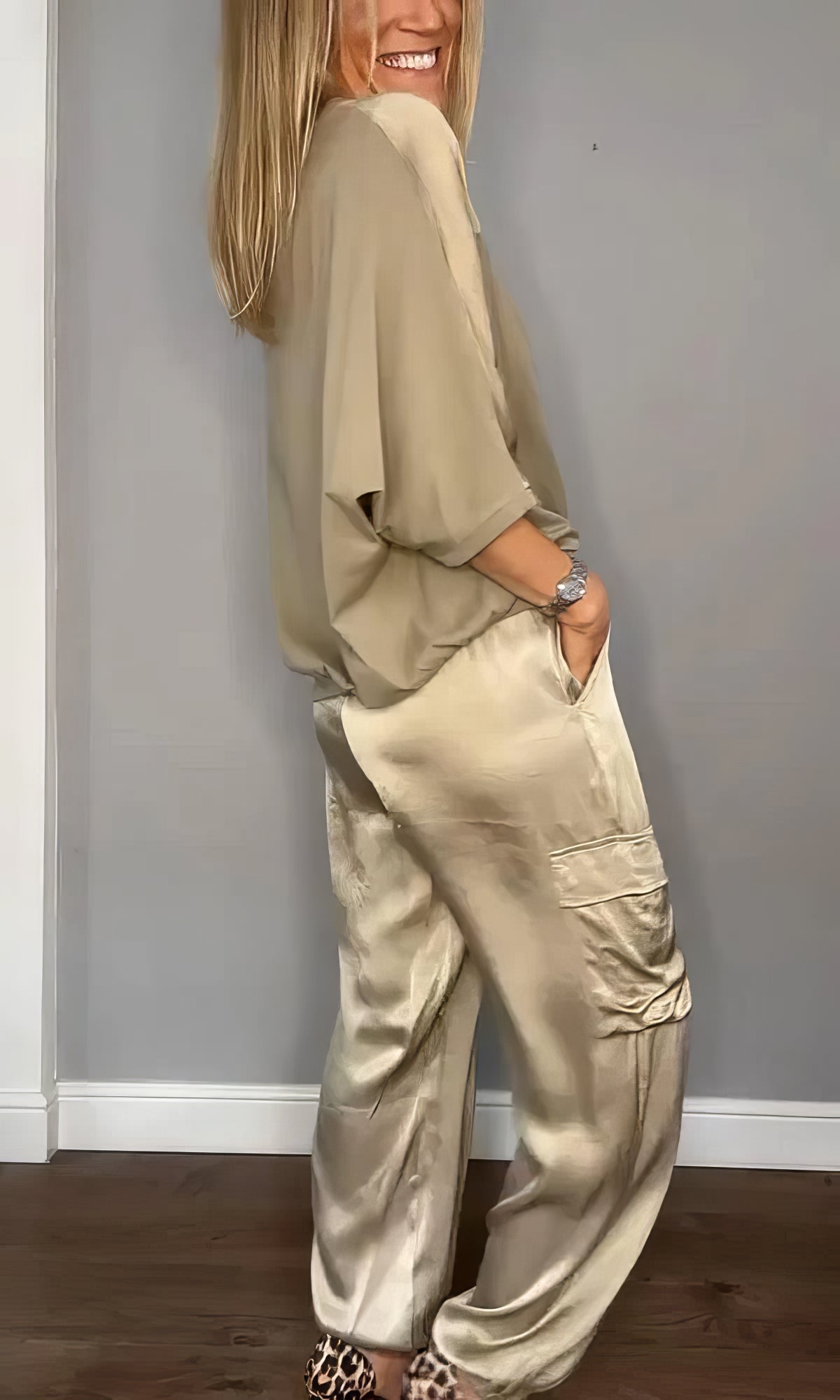 Elegant Satin Two-Piece Set with Blouse and Pants