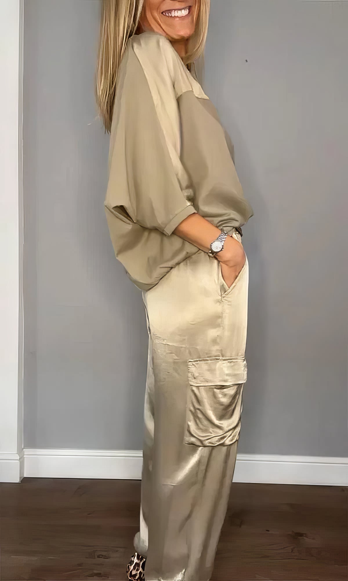 Elegant Satin Two-Piece Set with Blouse and Pants