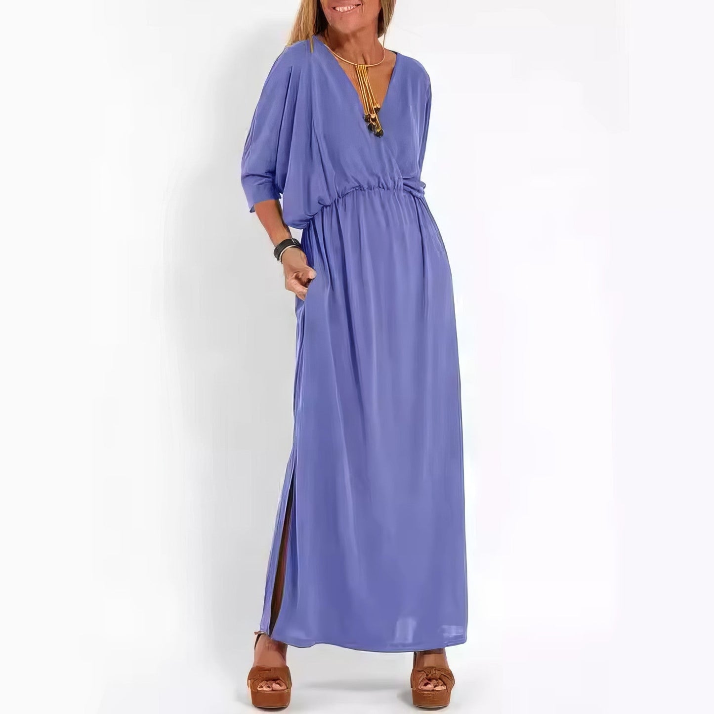 Women's Vintage Long Evening Dress with V-Neck and High Waist