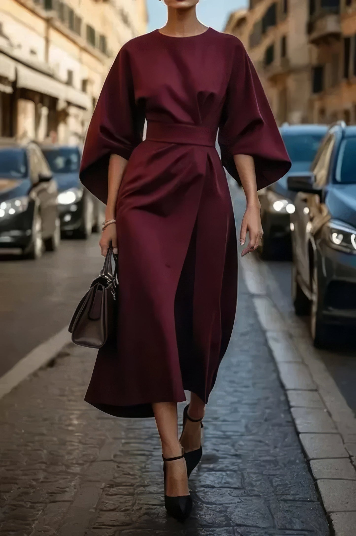 MARGARET - ELEGANTE VESTIDO CON MANGAS FAROL Y CINTURÓN