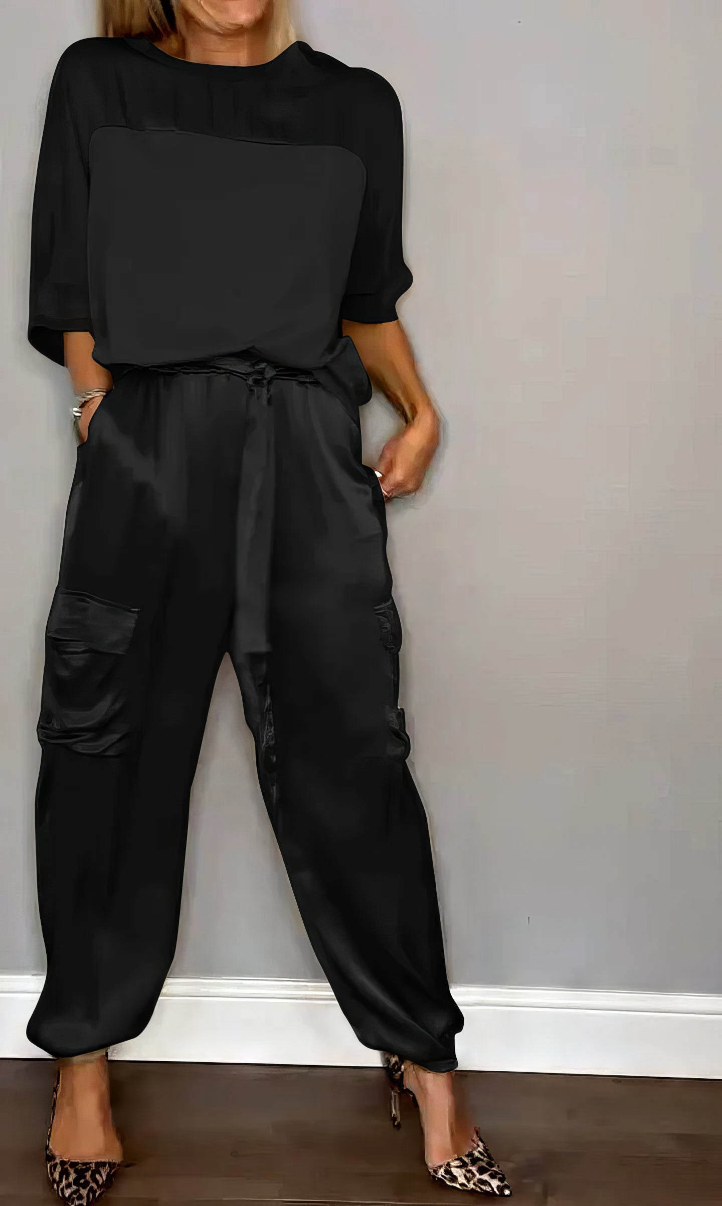 Elegant Satin Two-Piece Set with Blouse and Pants