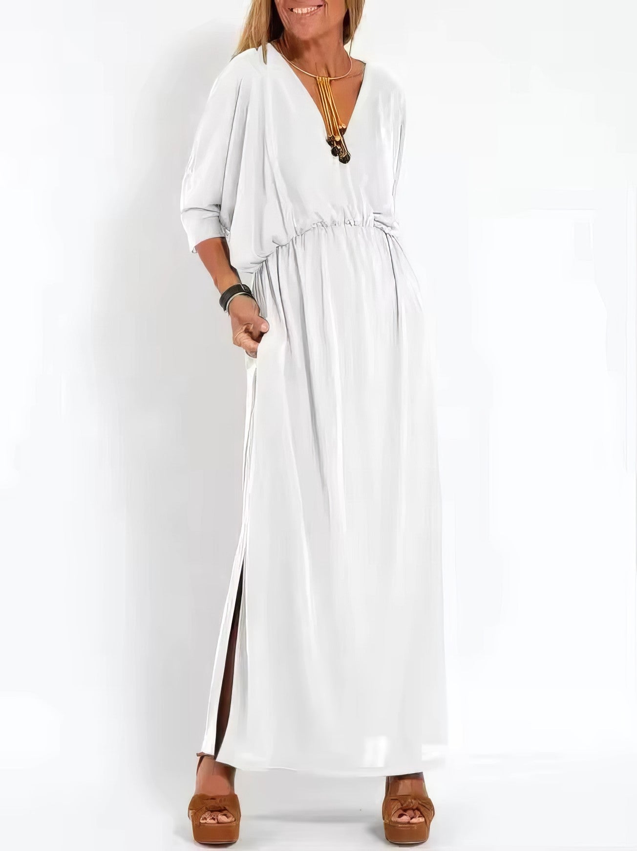 Women's Vintage Long Evening Dress with V-Neck and High Waist