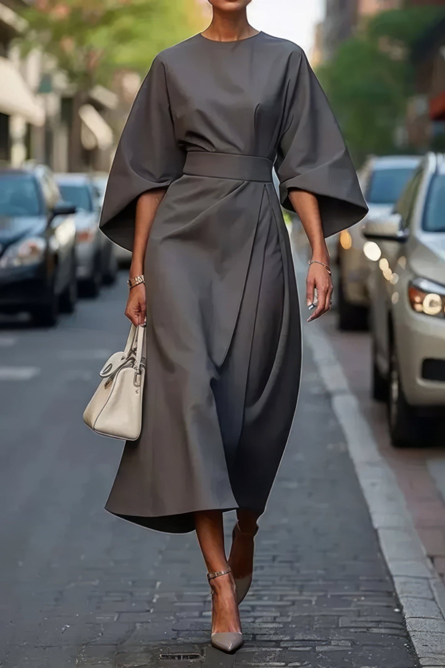 MARGARET - ELEGANTE VESTIDO CON MANGAS FAROL Y CINTURÓN