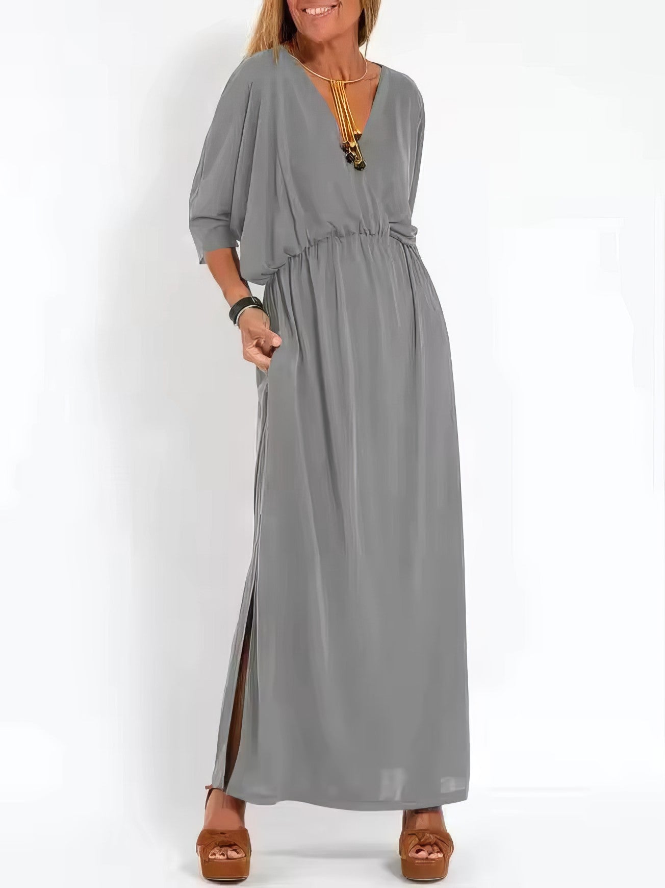 Women's Vintage Long Evening Dress with V-Neck and High Waist