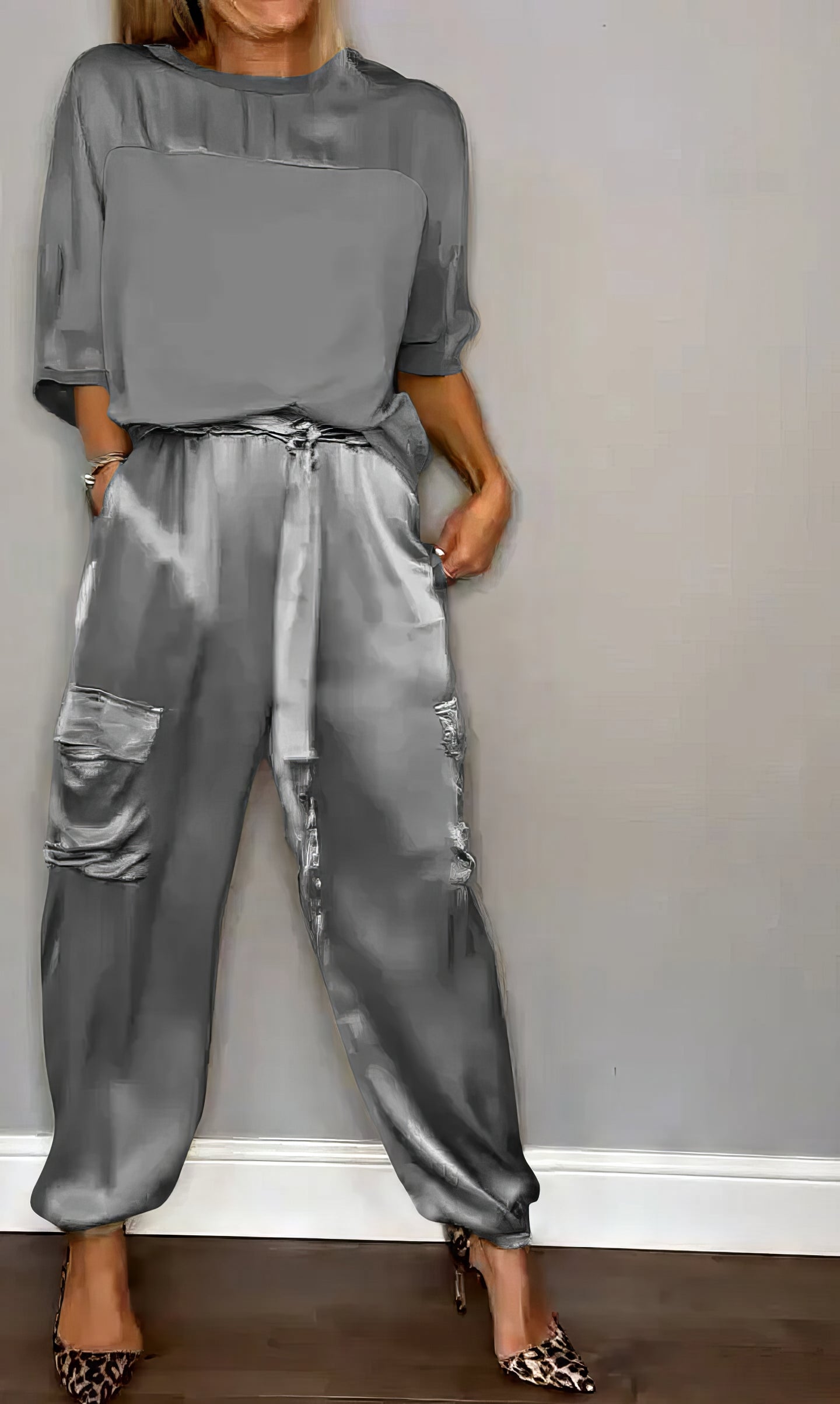 Elegant Satin Two-Piece Set with Blouse and Pants