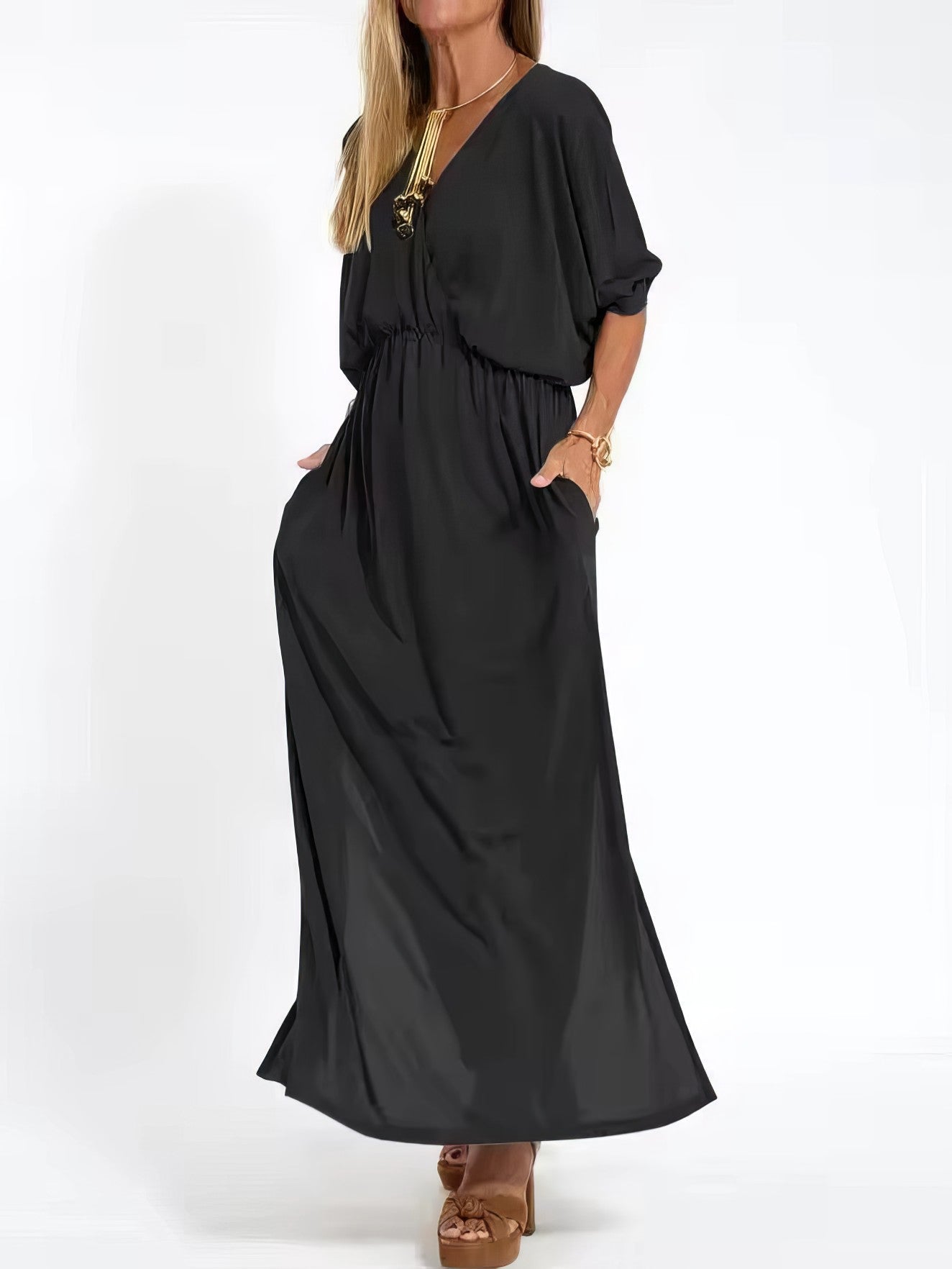 Women's Vintage Long Evening Dress with V-Neck and High Waist