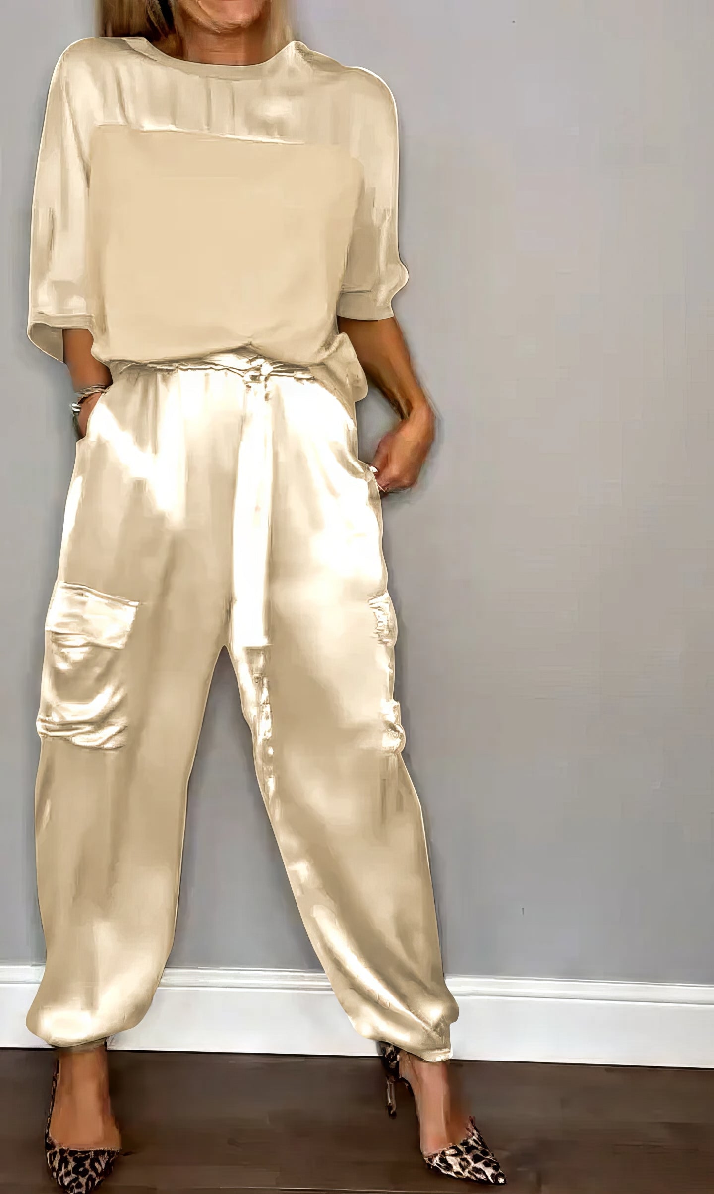 Elegant Satin Two-Piece Set with Blouse and Pants