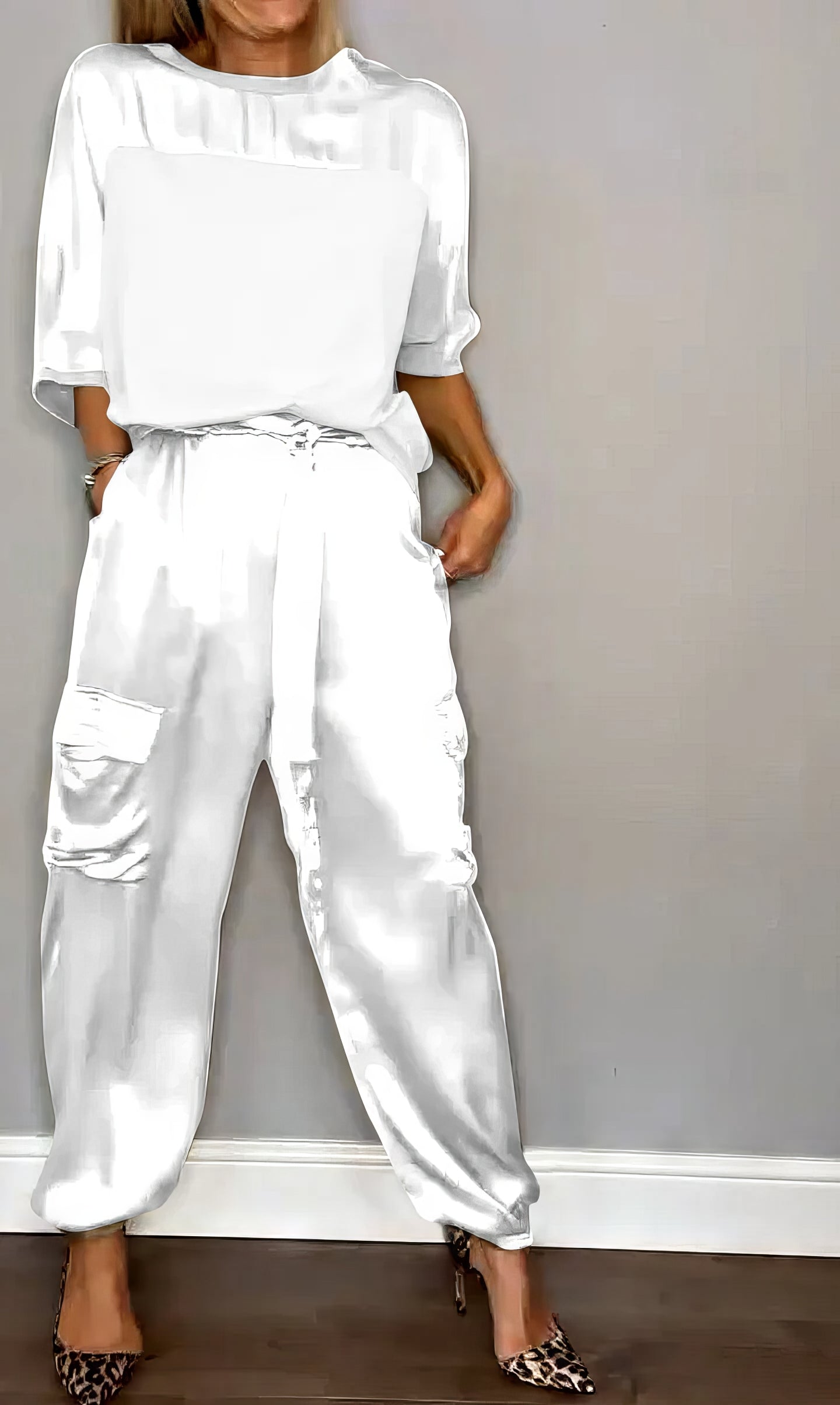 Elegant Satin Two-Piece Set with Blouse and Pants